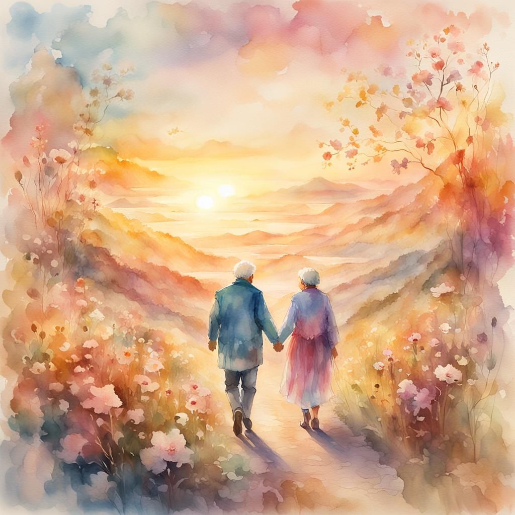 Romantic Elderly Couple in Watercolor Fantasyscape