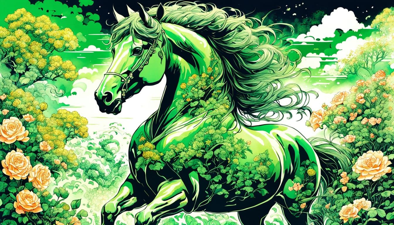 Surreal Asian Horse in Vibrant Spring Landscape
