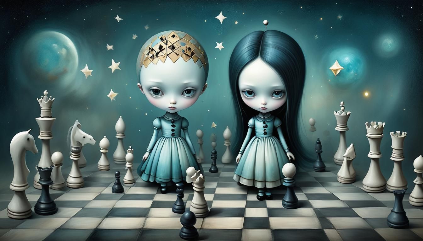 Galactic Chess Game in Cracked Egg, Surreal Illustration