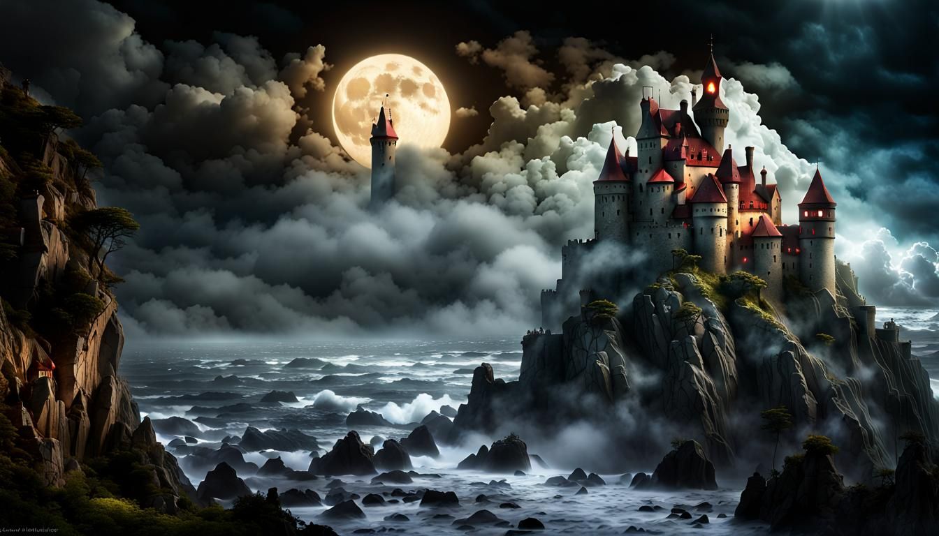Dark stormy castle on a cliff side