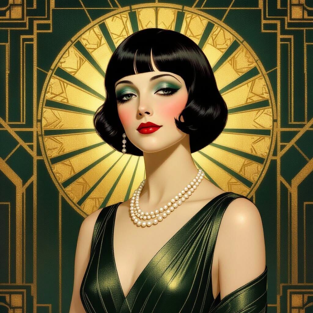 Art Deco Portrait of a 1920s Woman in Gold and Emerald