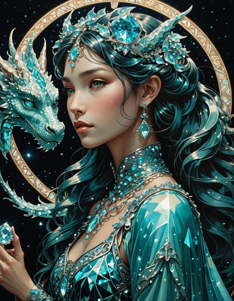 Luminescent Crystal Dragon Girl in Mucha Style