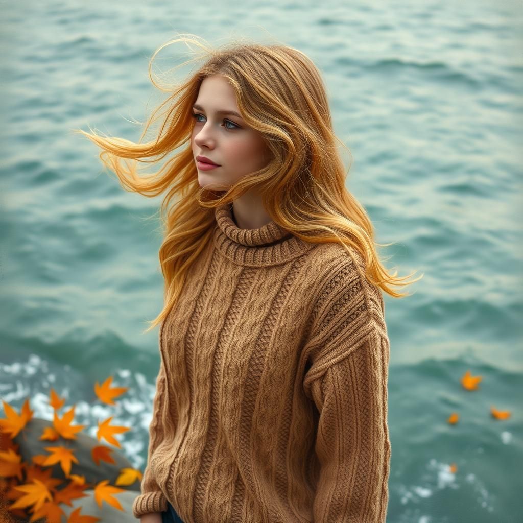Woman by Sea in Impressionist Autumn Landscape