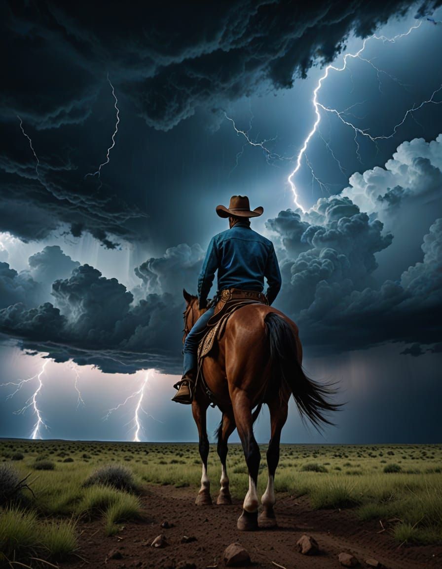 A Lone Cowboy Rides into the Stormy Distance