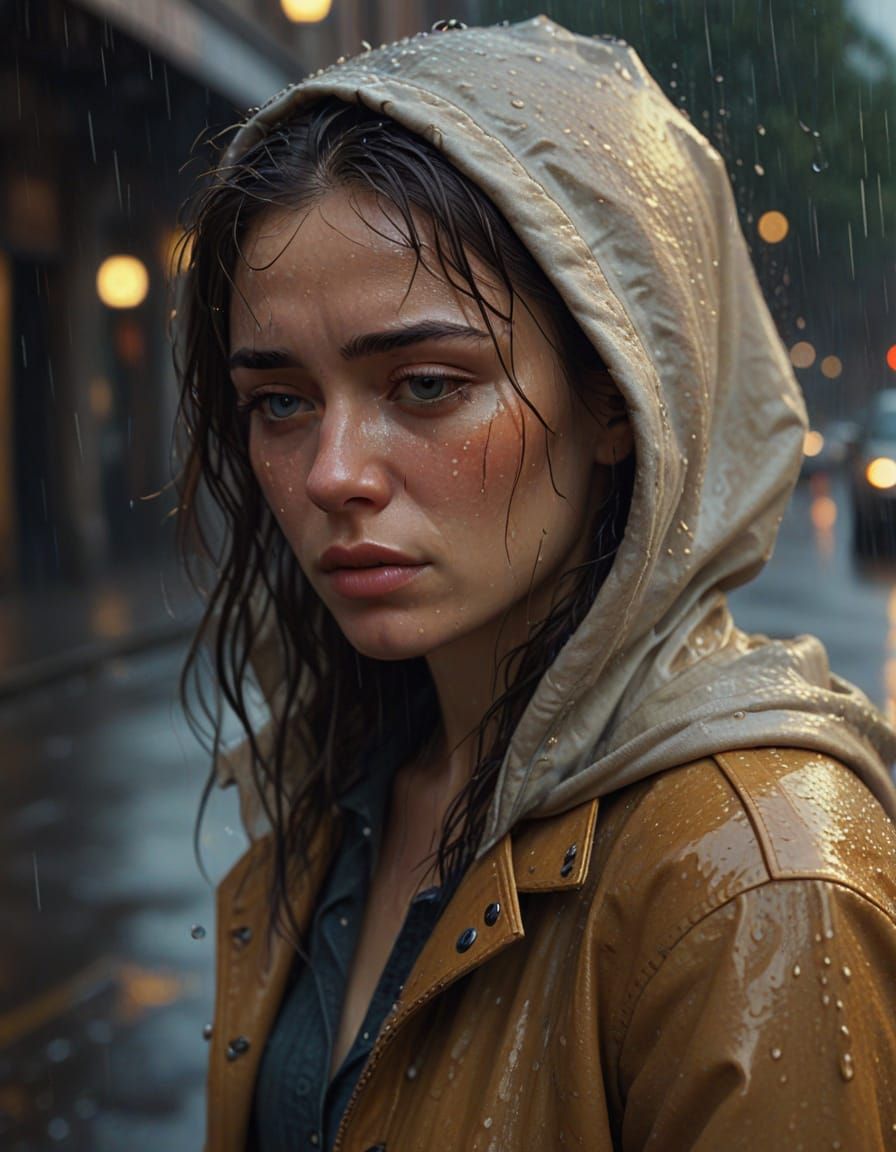 Young Woman Weeps in Rainy City Streets at Dusk