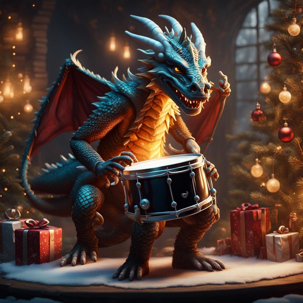 Dragon Plays Drummer Boy: Fantasy Christmas Art