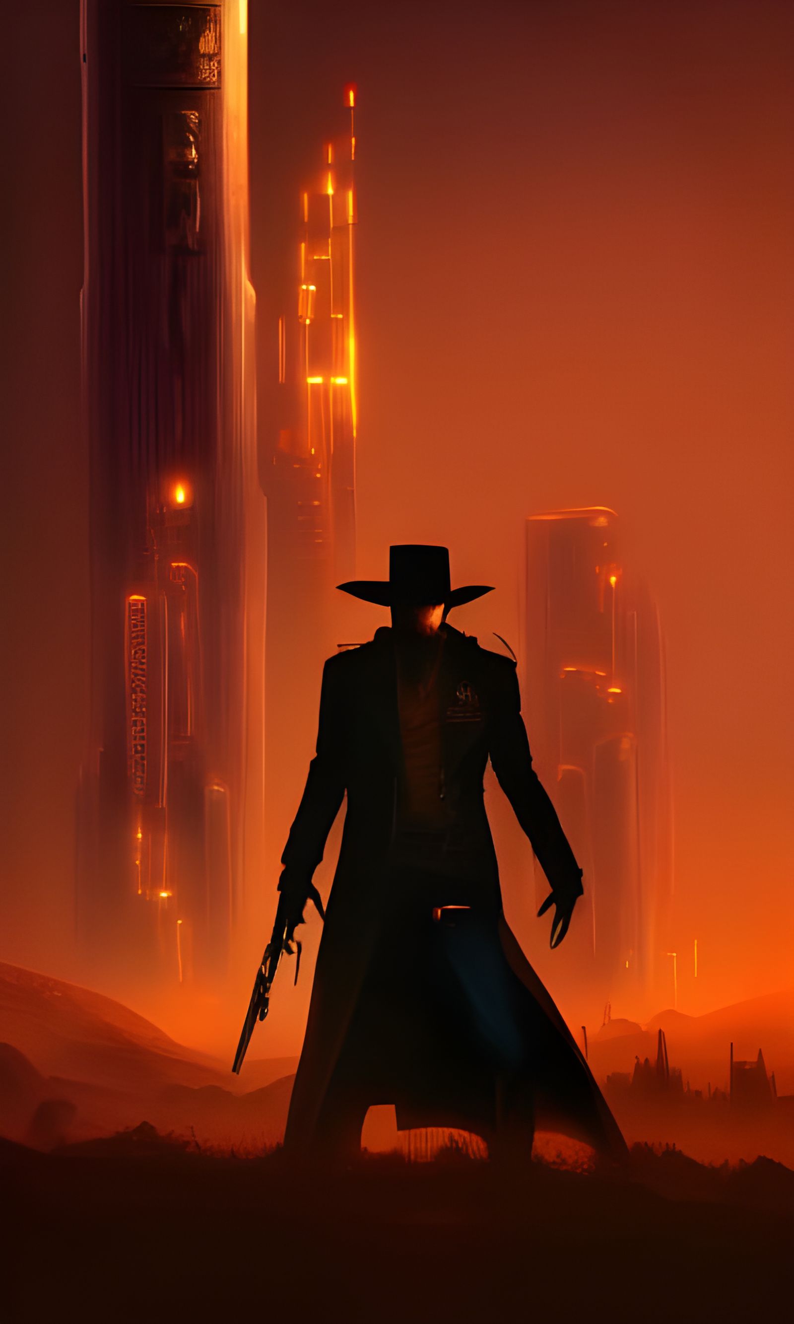Gunslinger and Dark Tower in Cyberpunk Steampunk Style