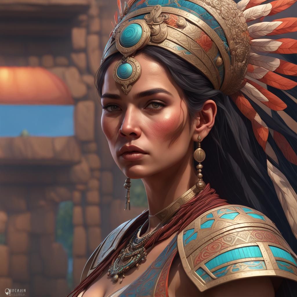Aztec Warrior Woman Portrait in Graffiti Art Style