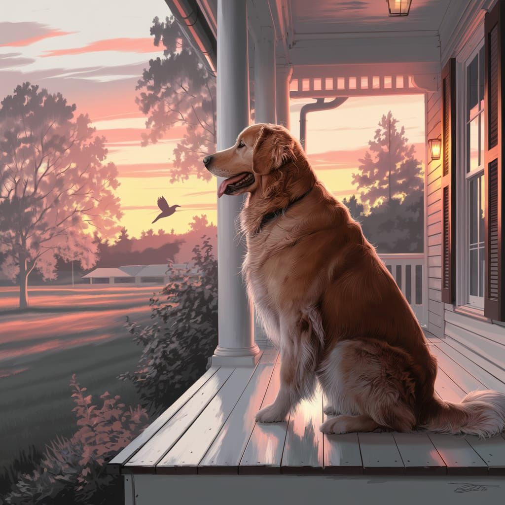 Golden Retriever at Sunset: Airbrush Art