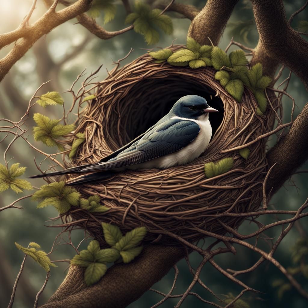 Swallow Resting in Nest: Detailed Digital Painting