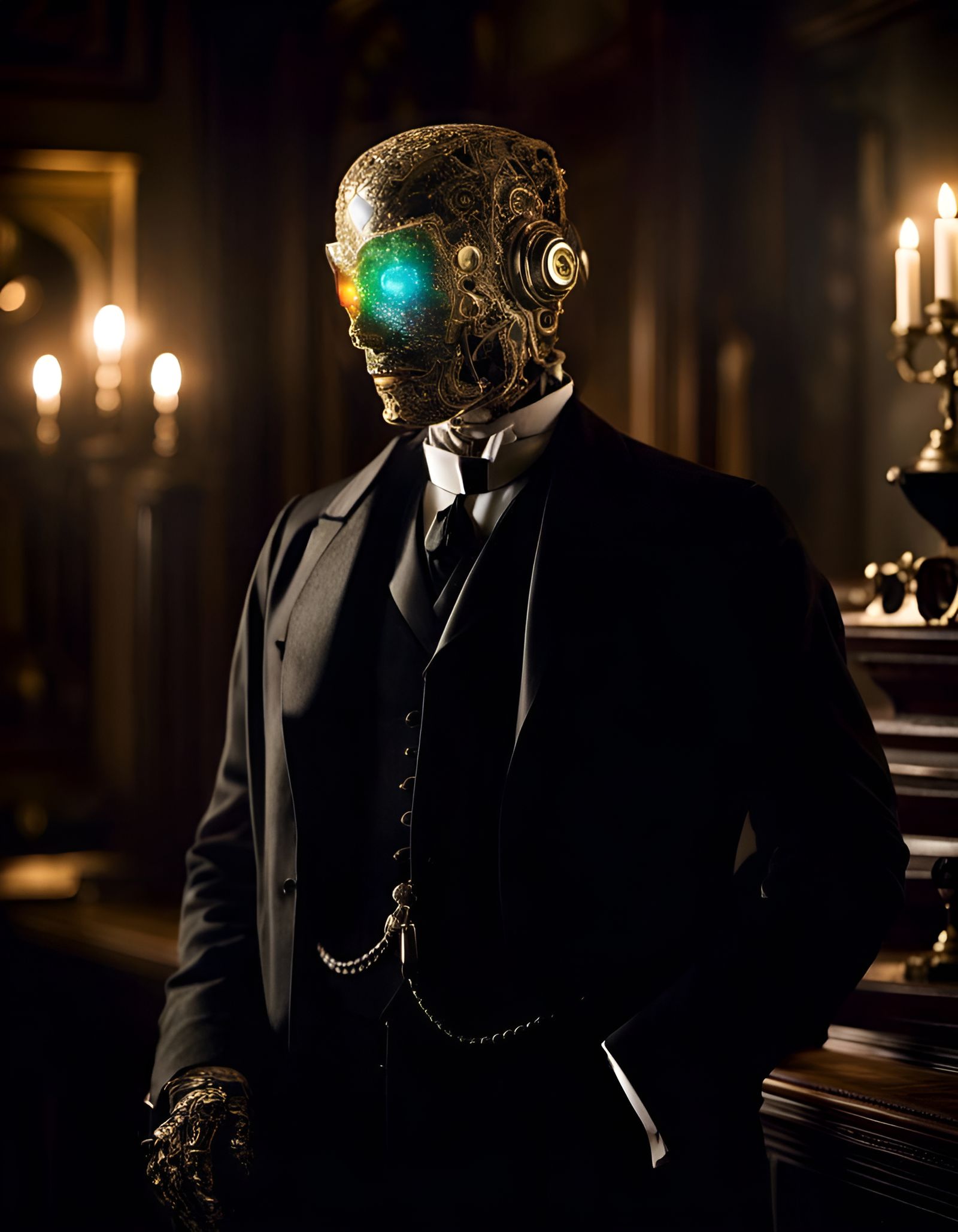 Iridescent Victorian Robot Butler in Gold Lace