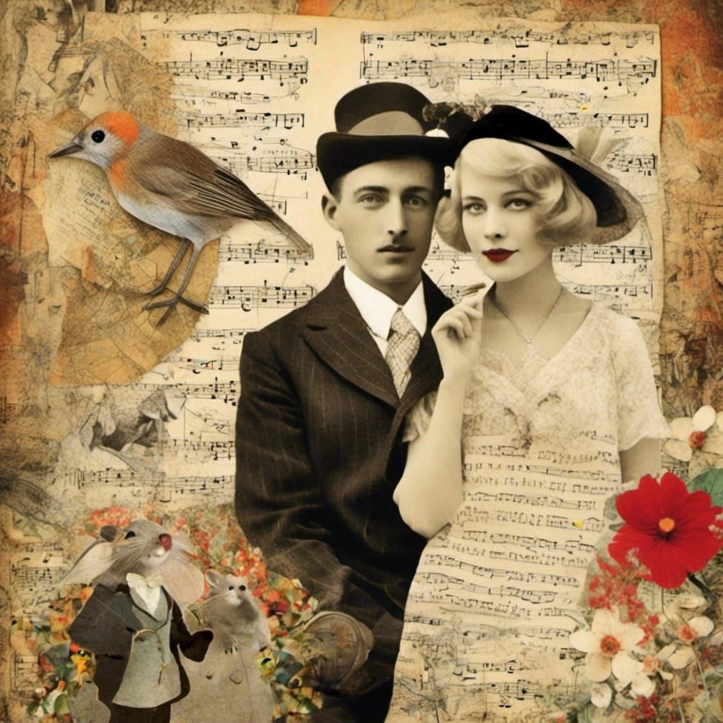 Elegant Mouse Wedding in Mixed Media Collage Style
