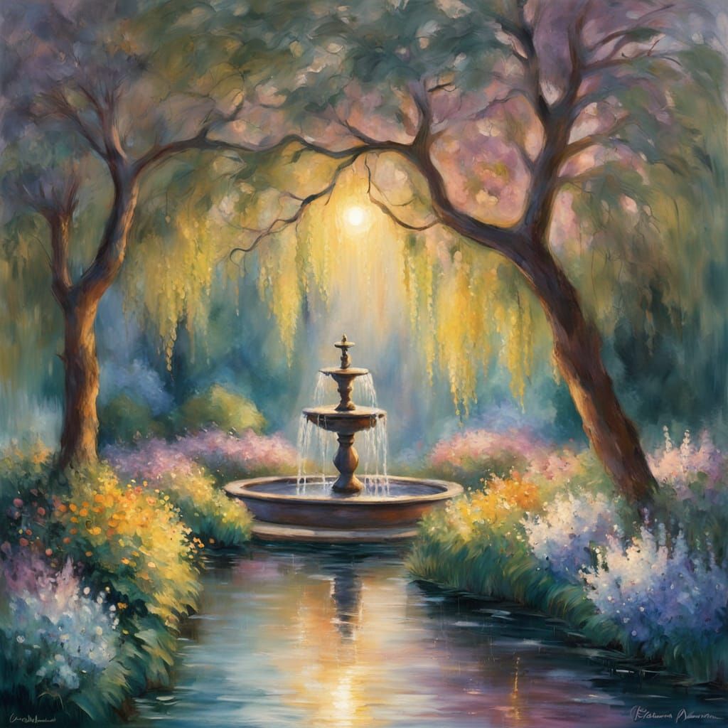 Impressionist Country Garden at Night with Soft Lighting