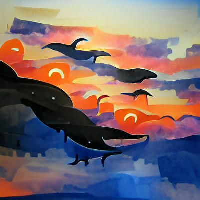 Alien Sky Whales Silhouette Sunset Gouache Painting