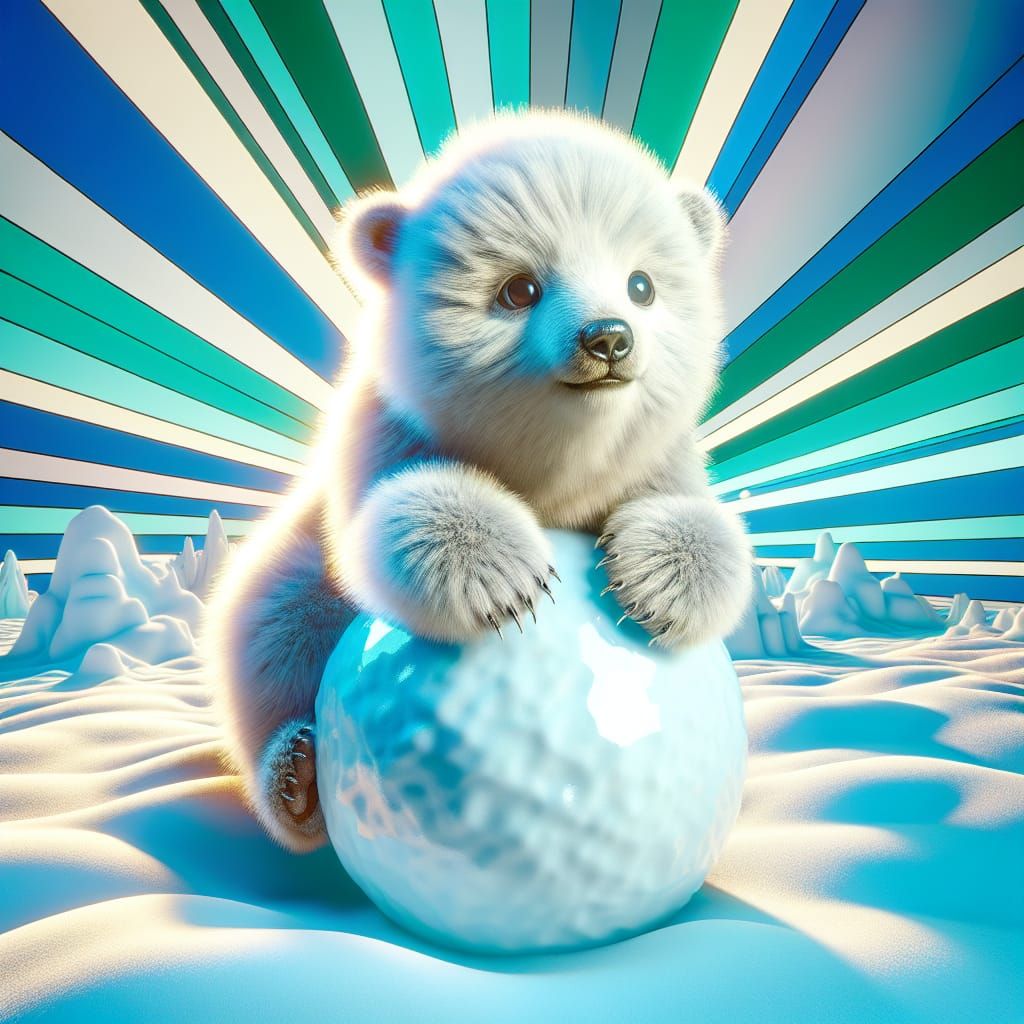 Fluffy Polar Bear Cub on Snowball, Digital Painting
