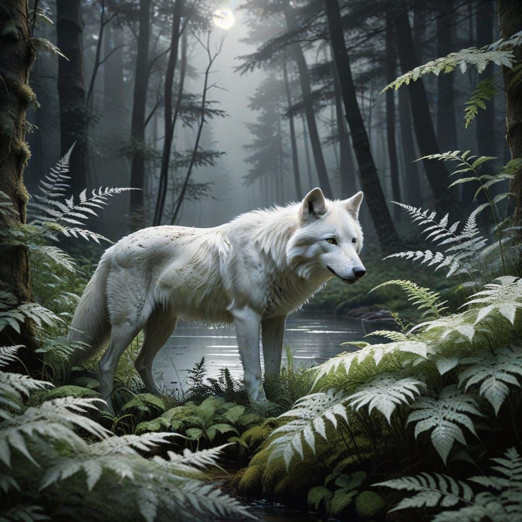 Mystical White Wolf in Traditional Japanese Sumi-e Style