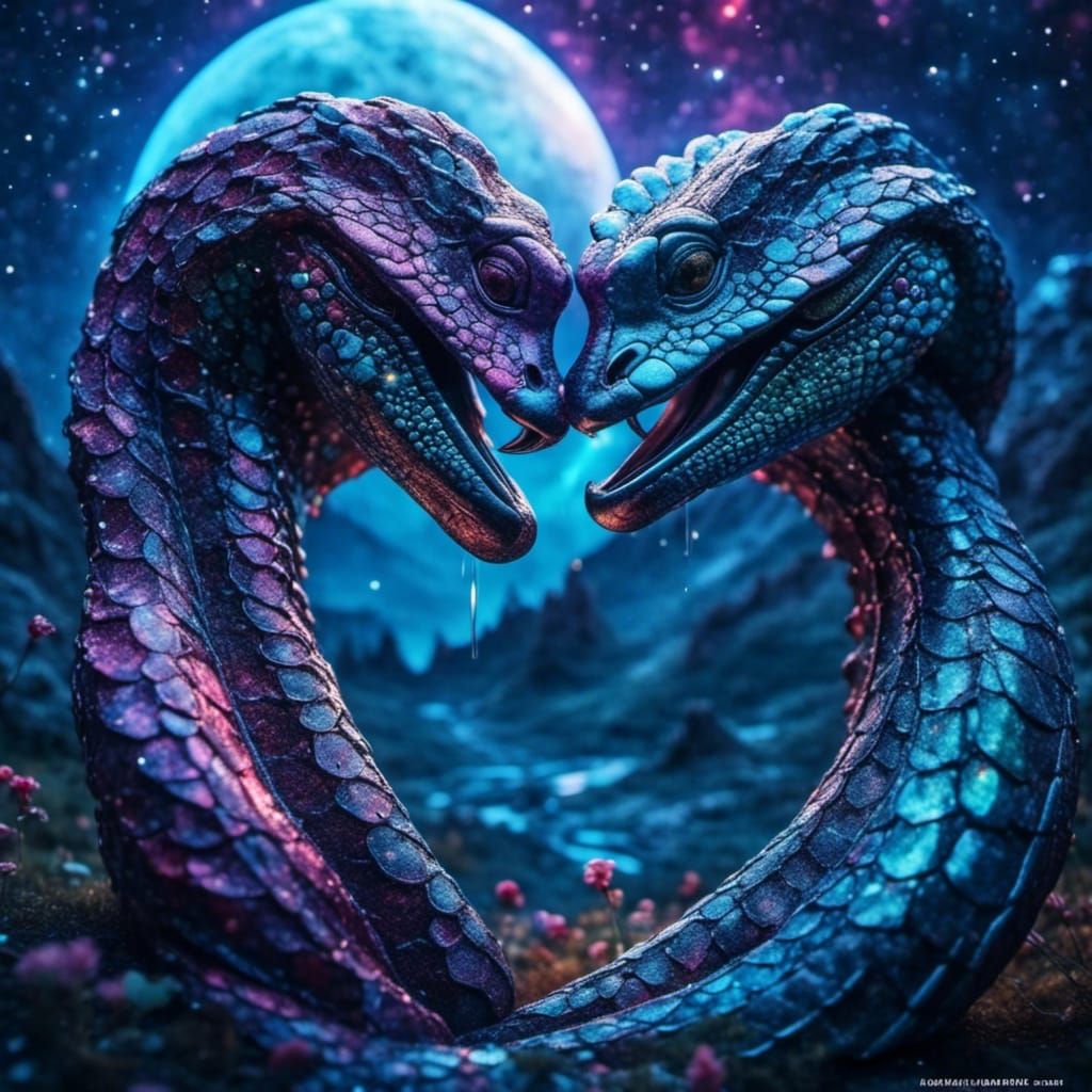 Cobras Forming Heart Under Moonlight