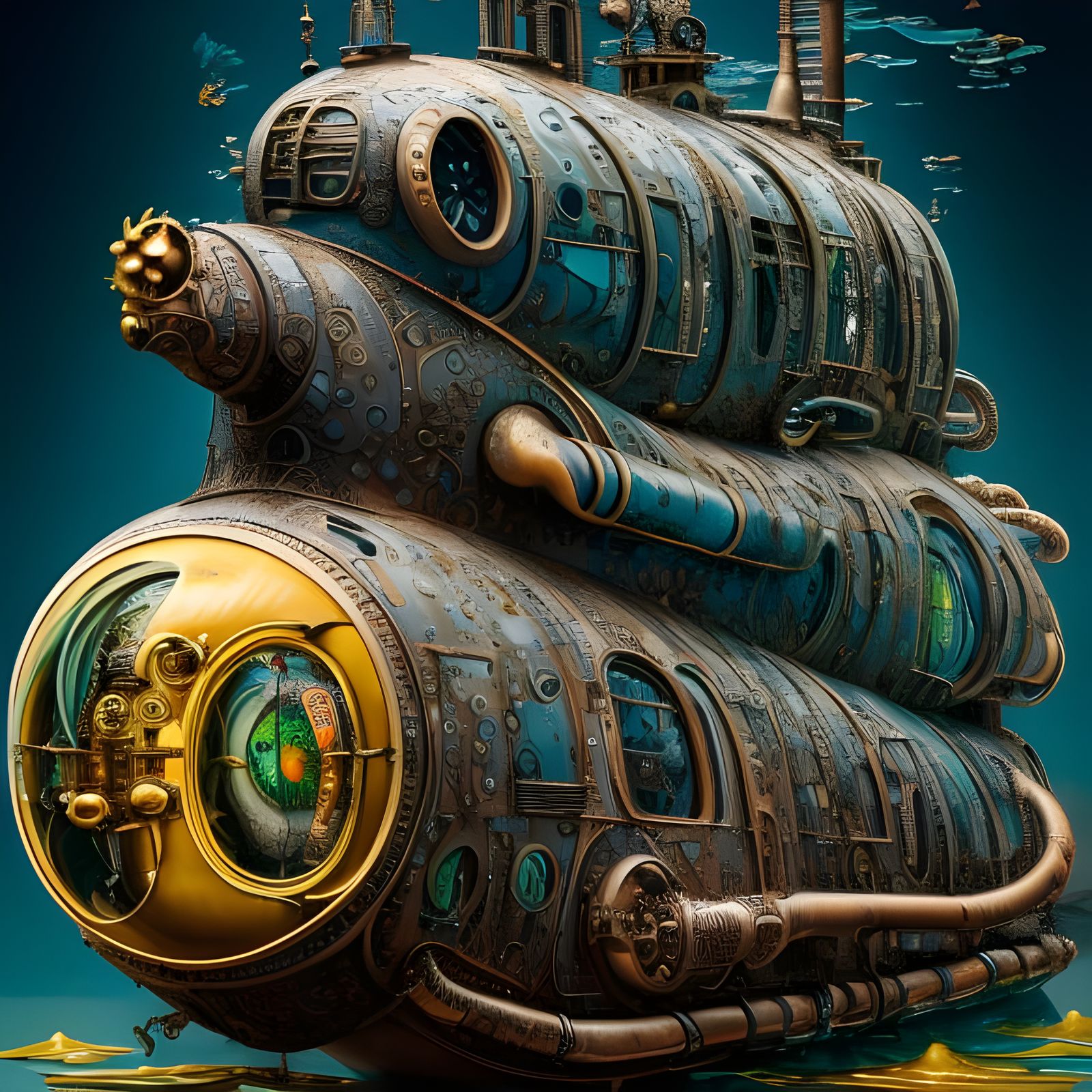 Steampunk Submarine Illustration in Gouache Style