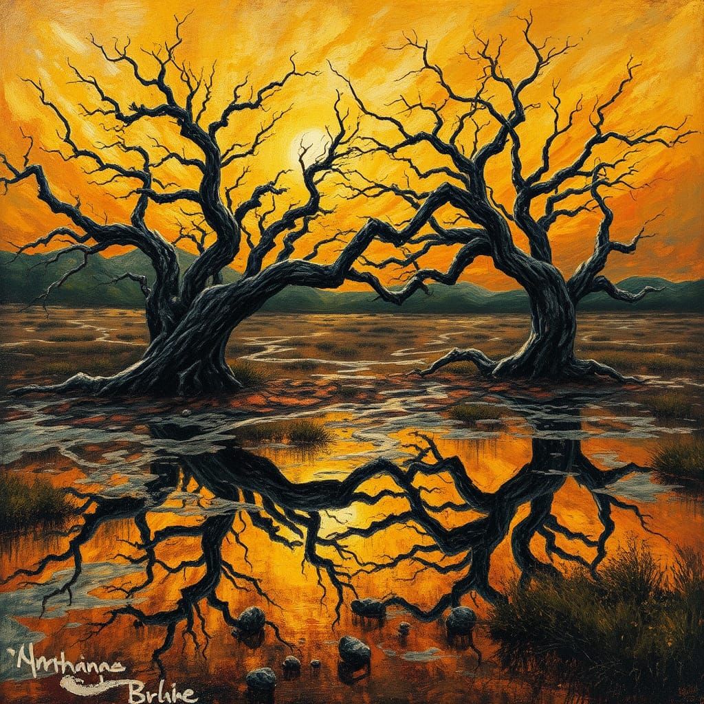 Surreal Landscape with Twisted Trees as Encaustic Art