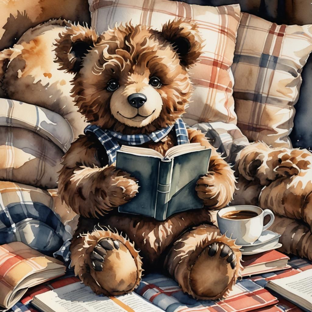 Teddy Bear Coffee Break: Watercolor Illustration