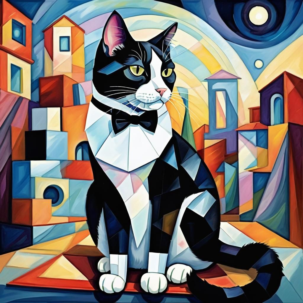 Happy Tuxedo Cat in Surreal Cubist Dreamscape
