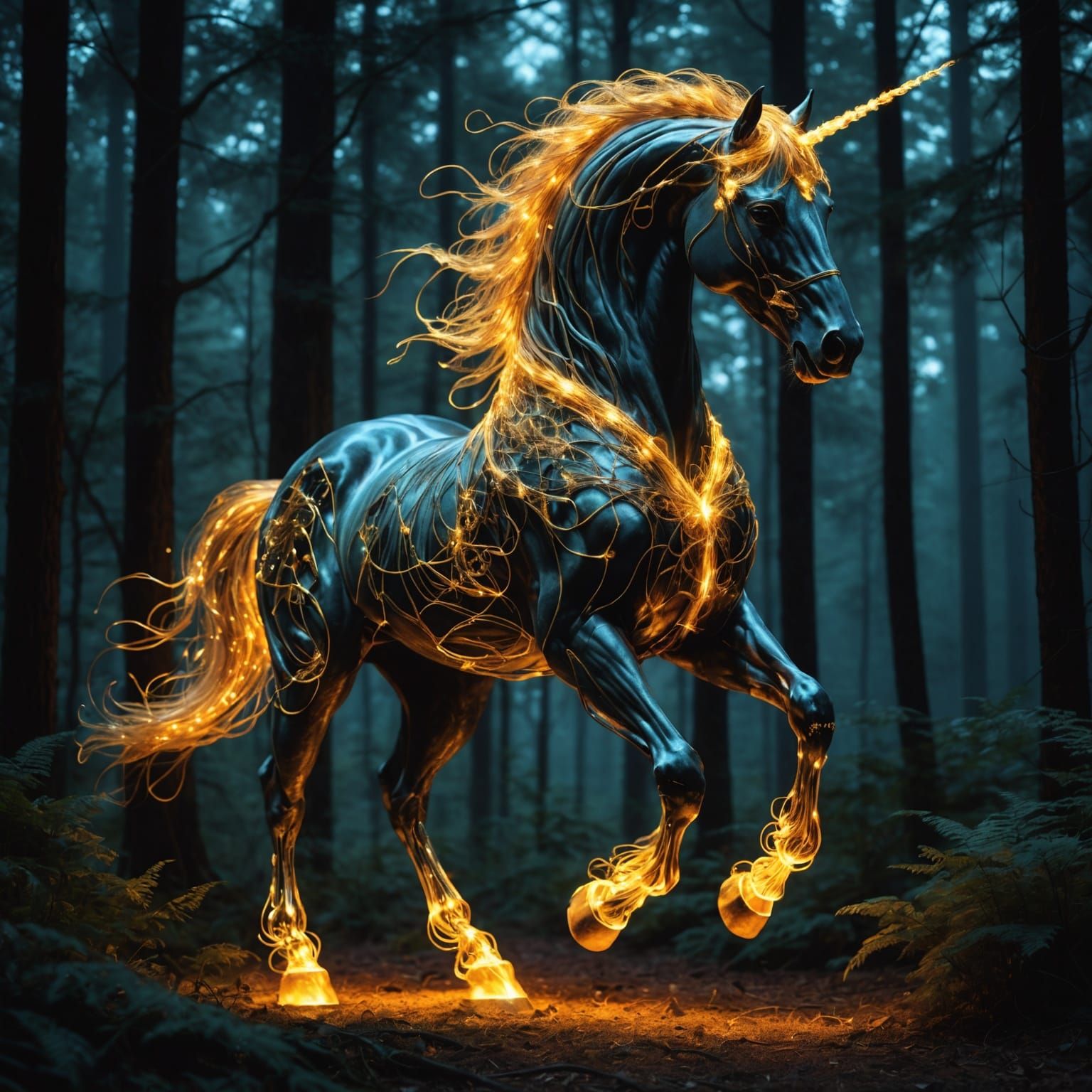 Majestic Fiber Optic Horse in Bioluminescent Forest