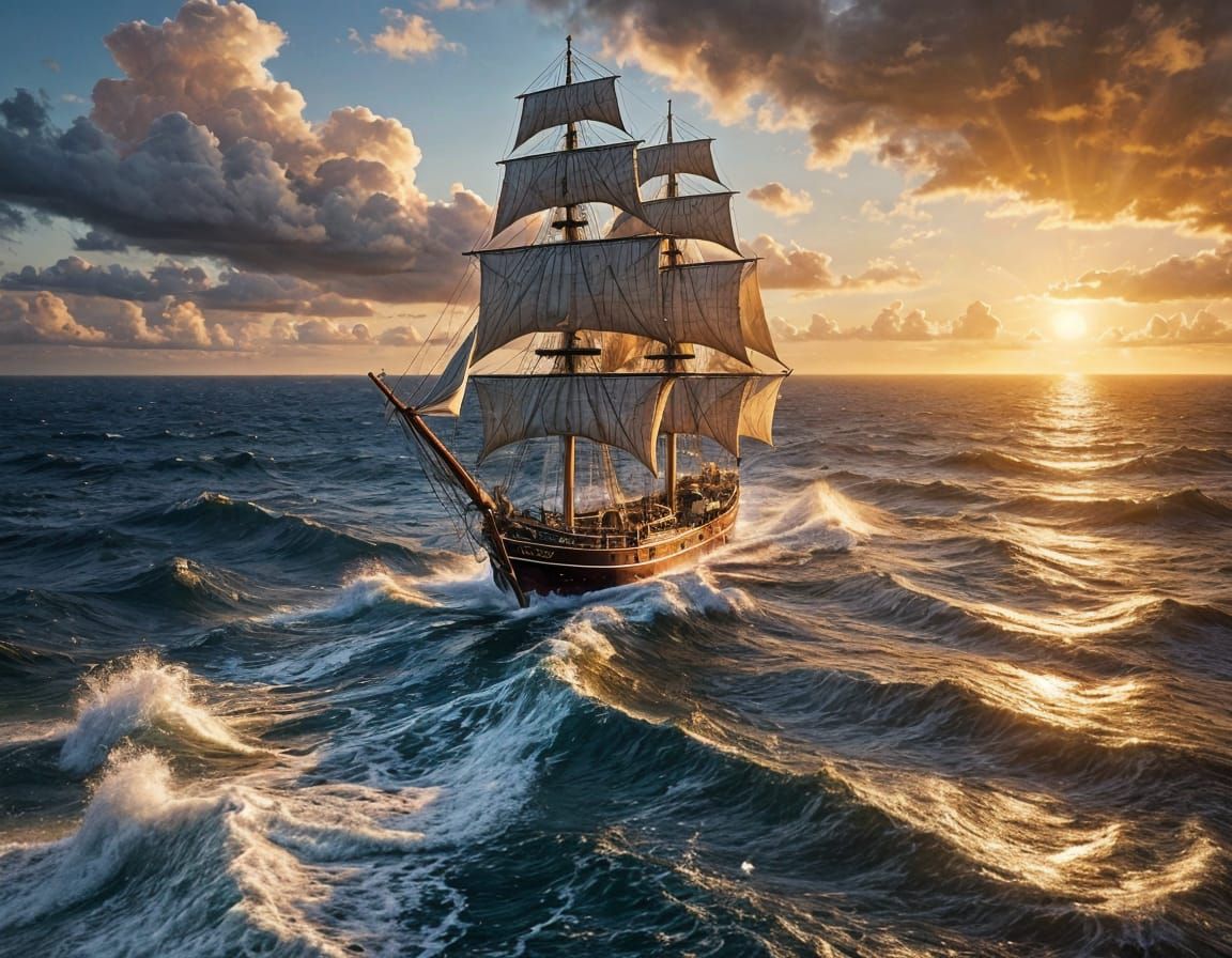 Sailing Ship at Ocean's Edge in Golden Sunset