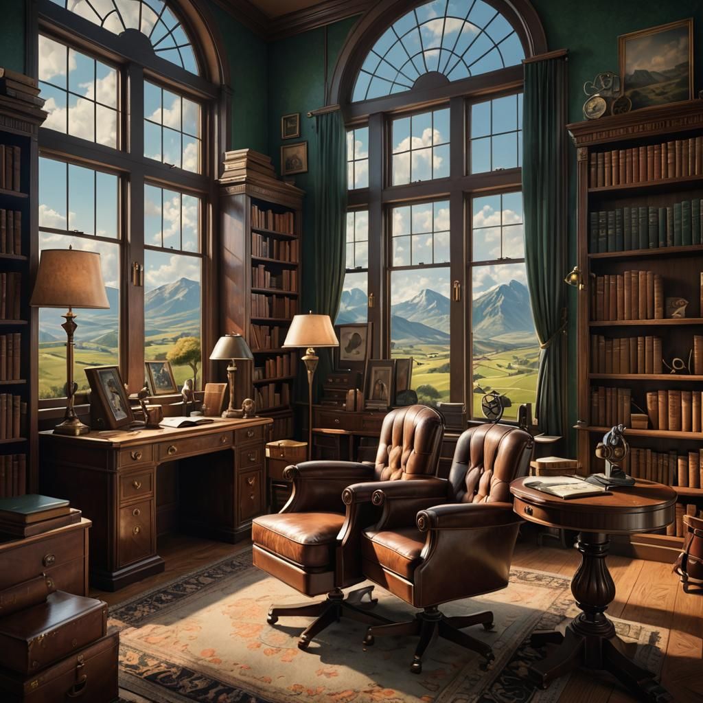 Office of acheologist of the 20s
art deco furniture perfect chair
maps on the desk
shelves with books on the walls
count...