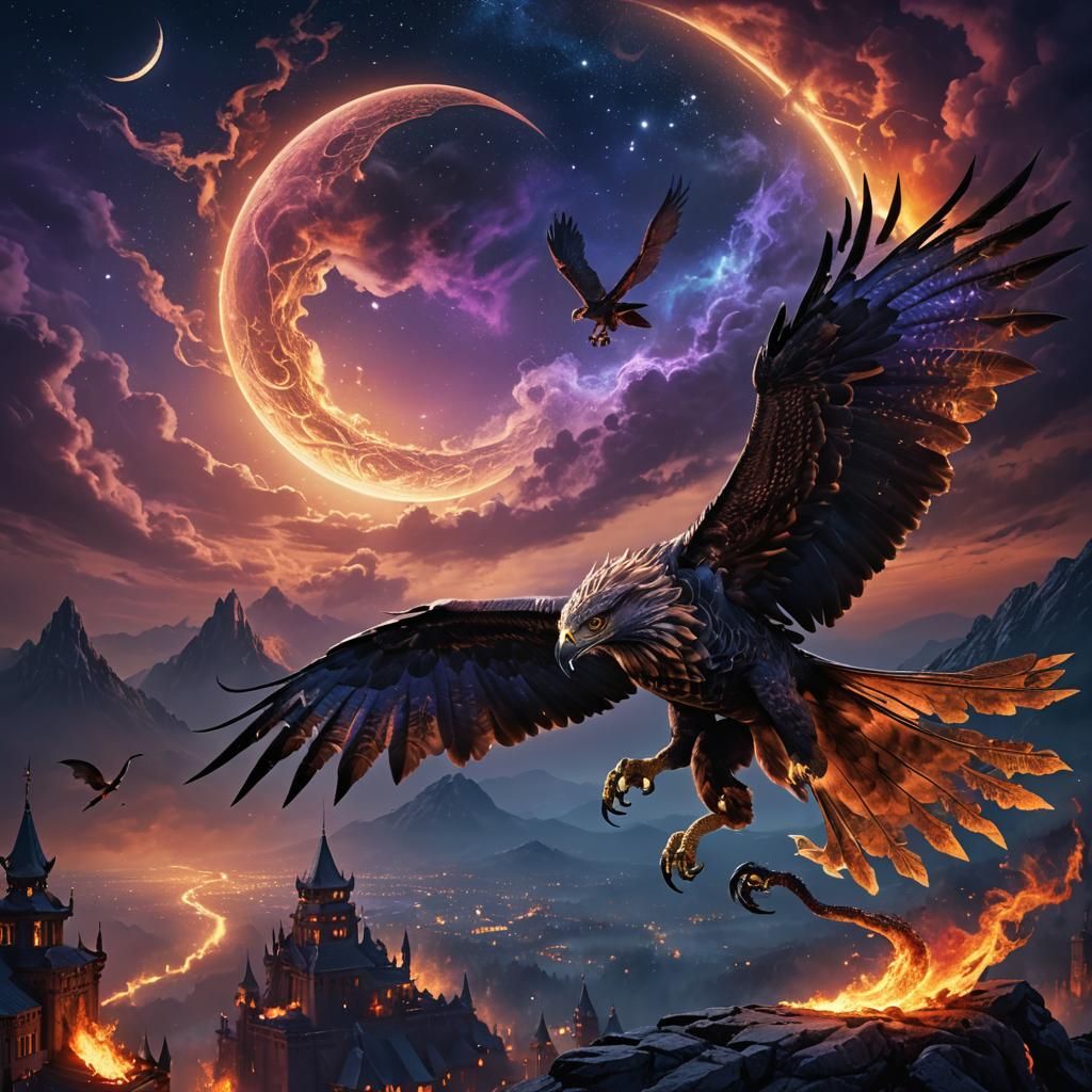 Hawk Soaring with Dragon in Fantasy Night Sky