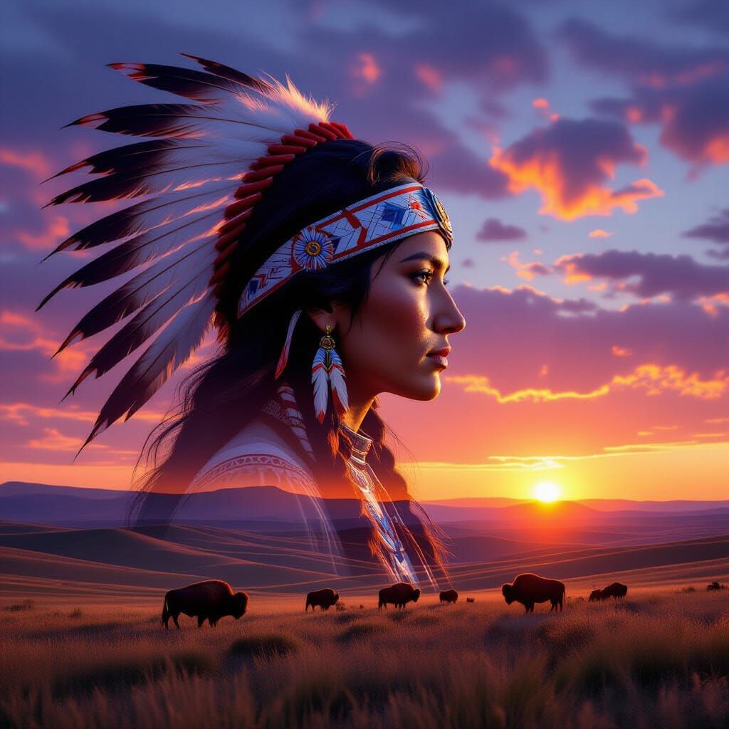 Native American Woman Double Exposure: Prairie Sunset