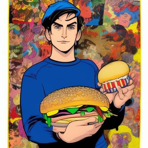 Jughead Jones Portrait with Lisa Frank Burger in Comic Style