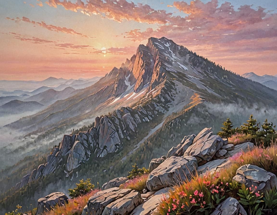 Mountain Summit at Sunrise: Oil Painting