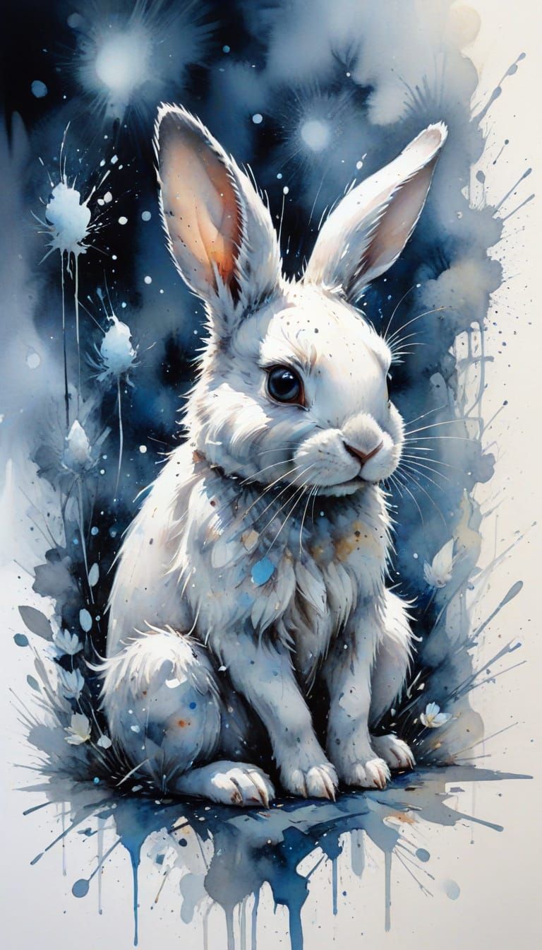 Anthropomorphic Bunny with Baby in Moonlight, Watercolor Sty...