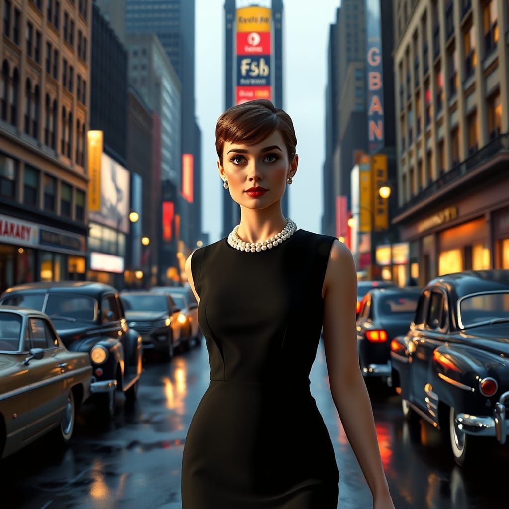 Elegant Audrey Hepburn in Anime-Inspired New York City