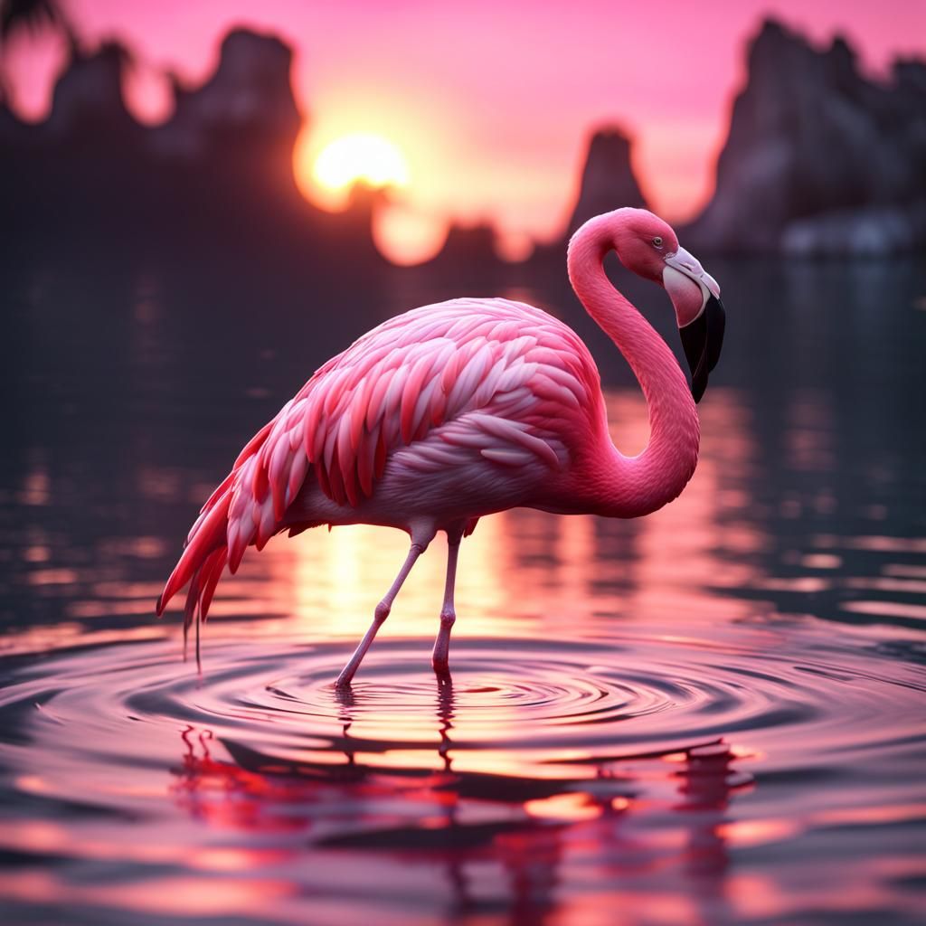 Aesthetic Pink Flamingo at Sunset: 3D Render