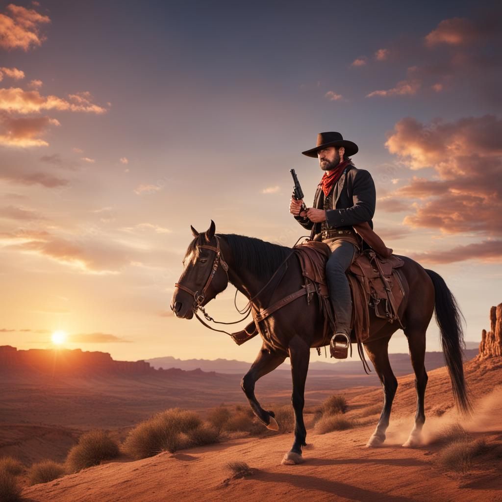 Wild West Outlaw Gunslinger at Sunset