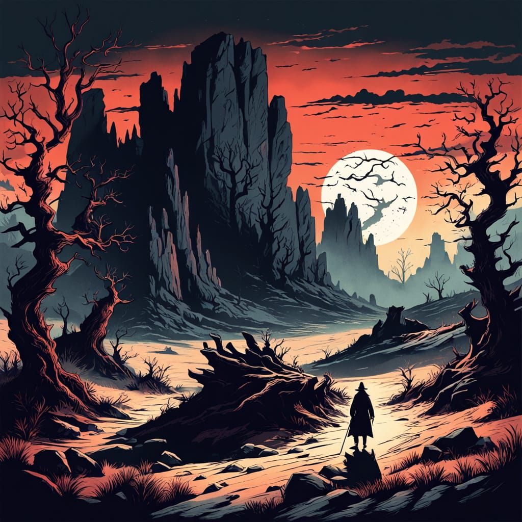 Mysterious Figure in Desolate Moonlit Landscape