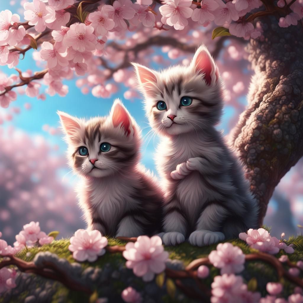 Kittens Under Cherry Blossoms in Detailed Matte Painting