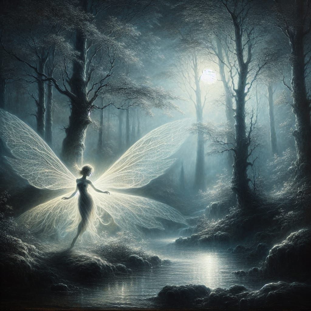 Ethereal Fairy in Moonlit Forest, Romantic Art
