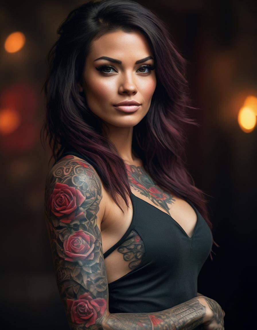 Tattooed Warrior Woman with Roses, Professional Photography