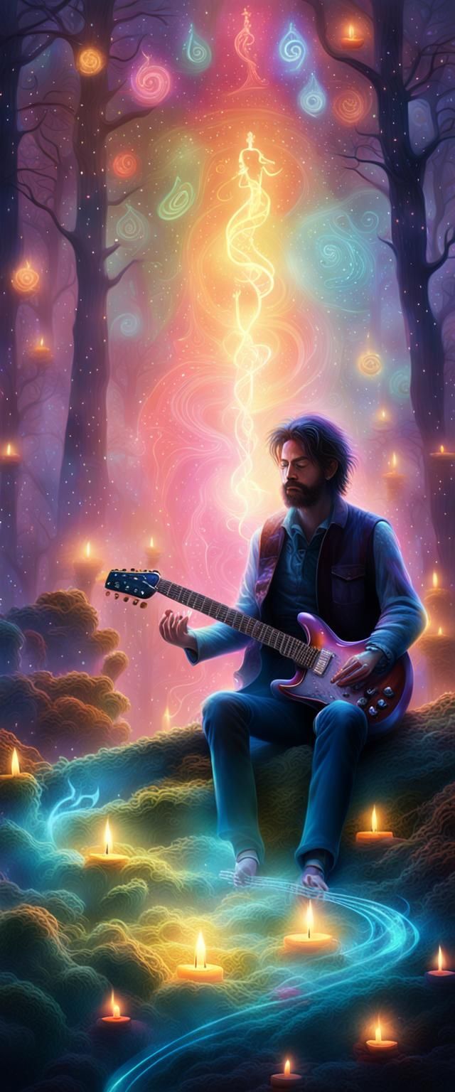 Man playing electric guitar to  spiritual  self  ZEN