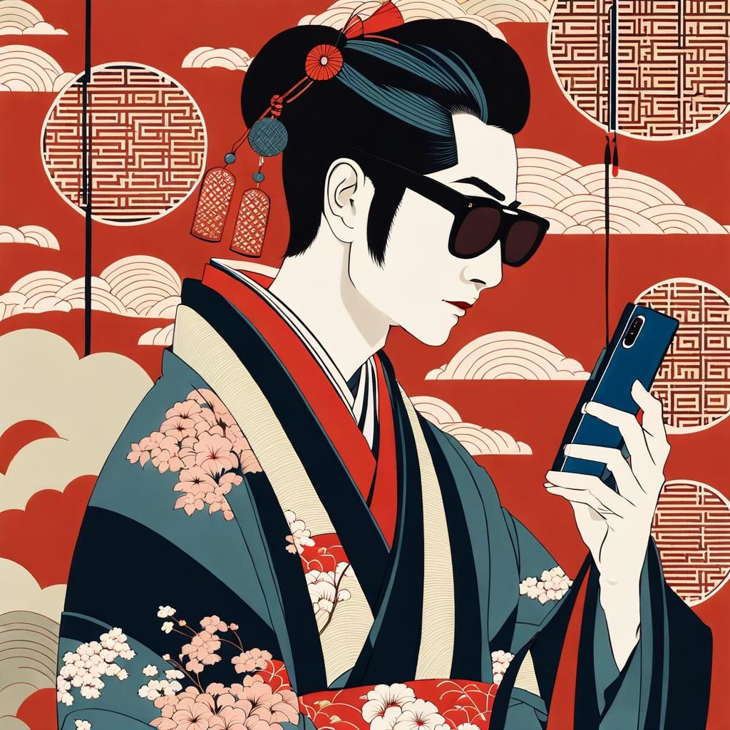 Ukiyo-e Portrait: Elegant Man with Smartphone