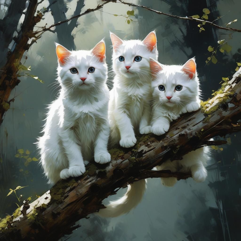 Three White Cats on Branch, Detailed Painting