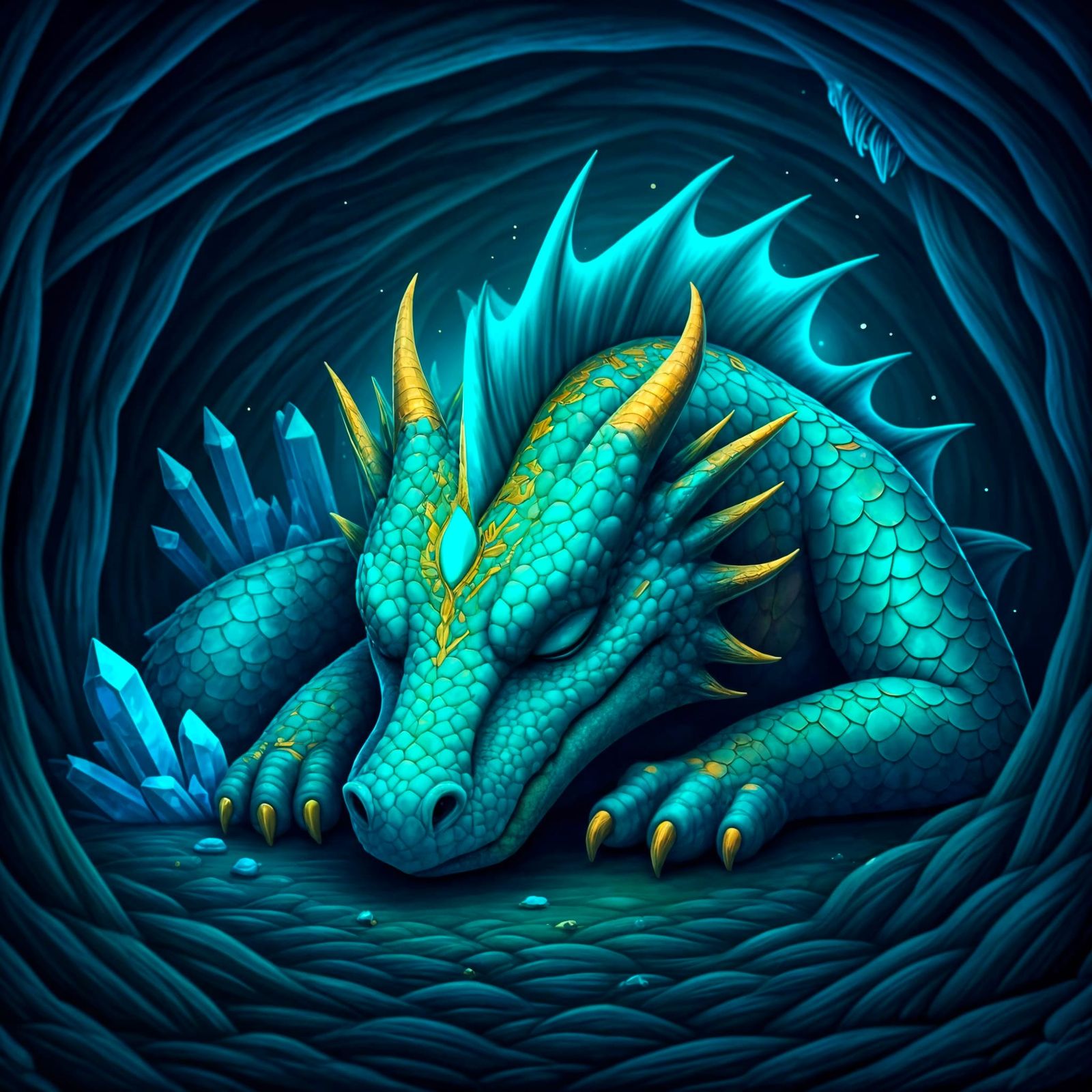 Cute Turquoise Dragon Sleeps in Crystal Cave