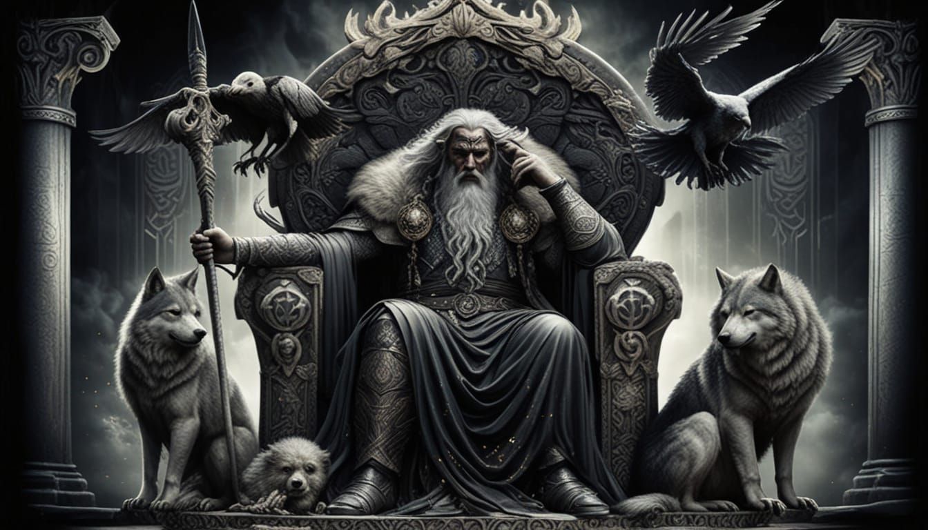 Majestic Odin in Nordic Folk Art Style