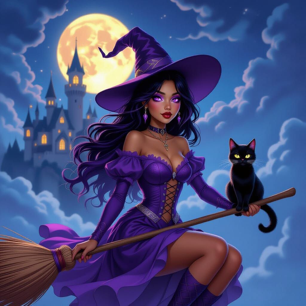 Teenage Witch Rides Broomstick Past Castle