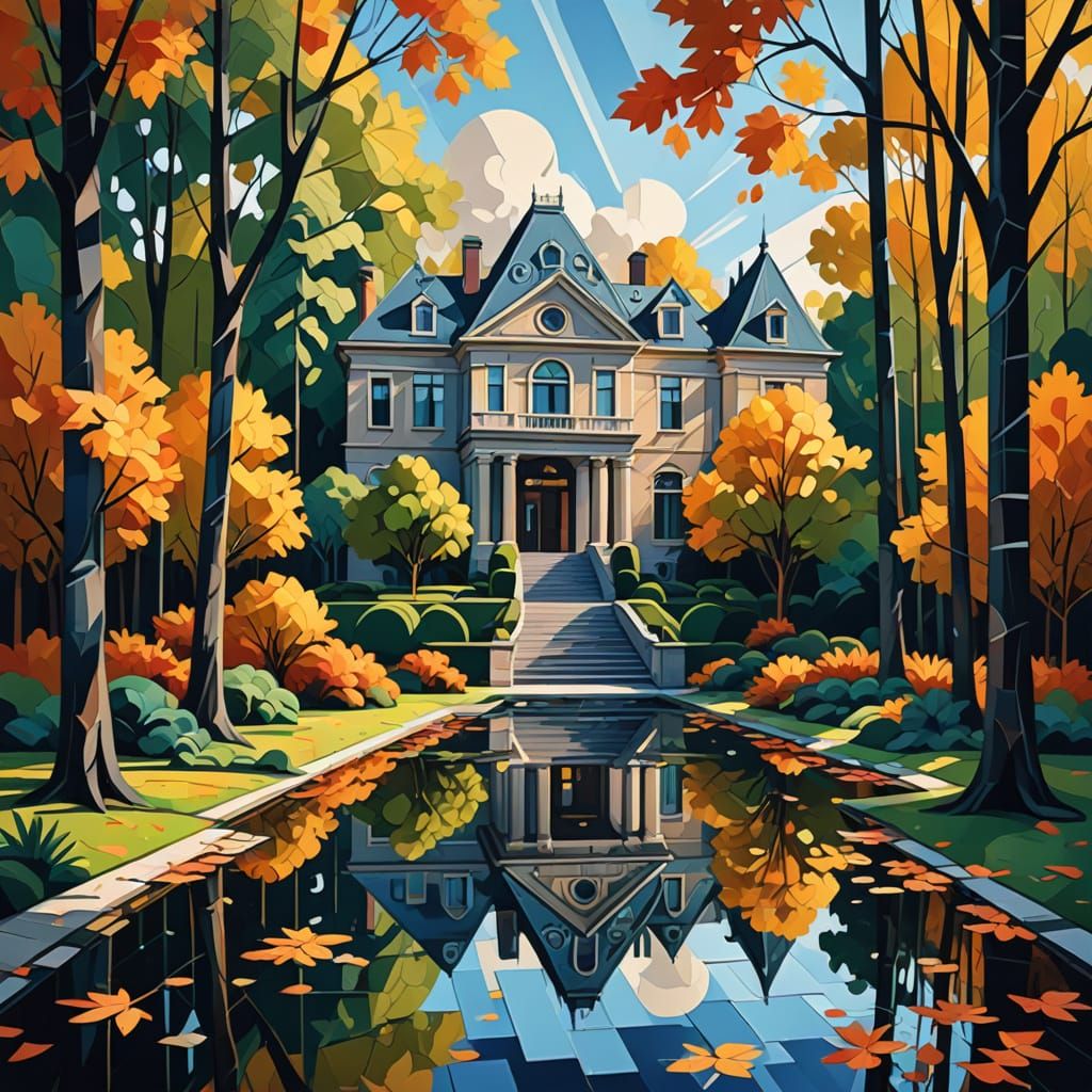 Cubist Forest Scene with Pond Reflection