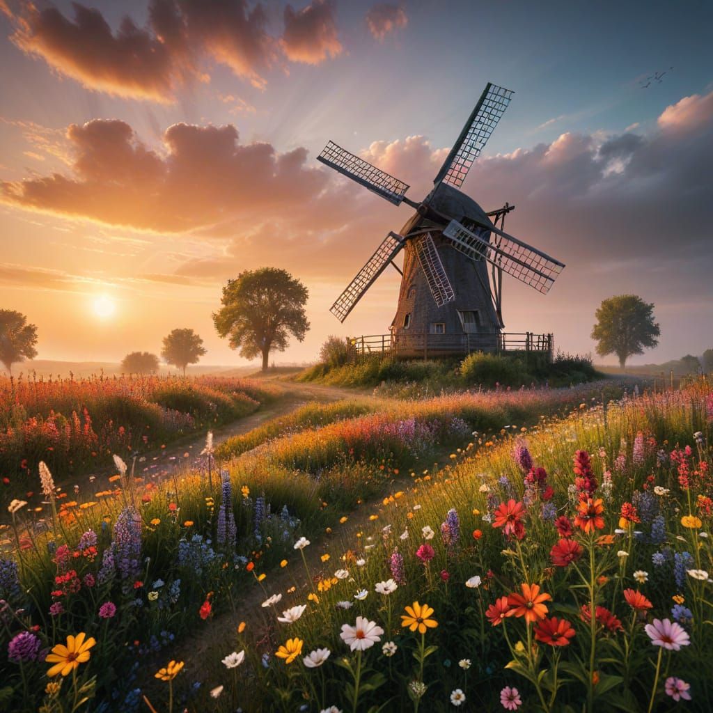 Windmill in Colourful Wildflower Meadow: Hyperrealistic Phot...