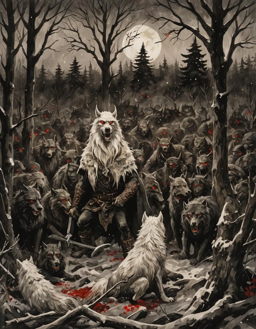 Viking Werewolves in Snowfall: Gouache Impressionist Masterp...