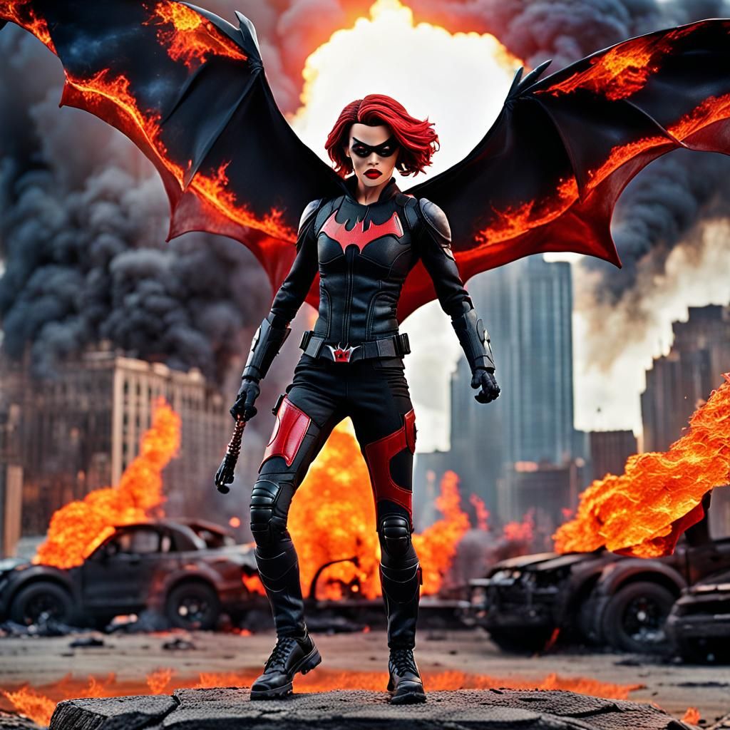 Batwoman Action Figure in Flaming Cityscape